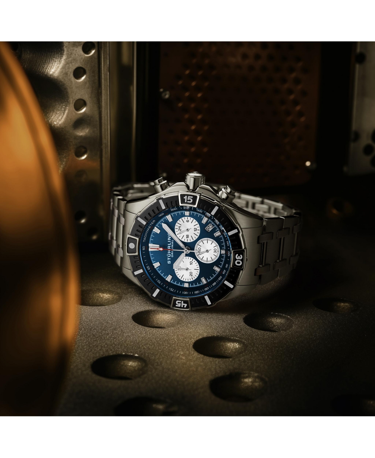 Stuhrling 1022 Men s Chronograph Watch Quartz Movement Blue Dial Silver Subdials Black Bezel Stainless Steel Bracelet 50M Water Resistant Date Window