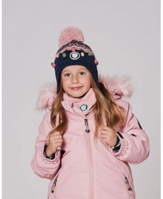 Girl Lined Peruvian Knit Pompom Hat Navy Blue and Pink - Toddler|Child