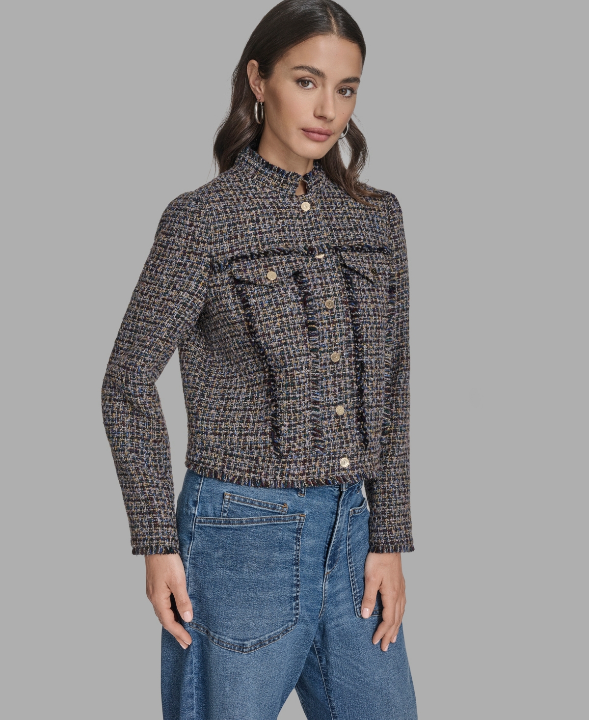 Bcbg Women's Boxy Mock Neck Tweed Jacket In Gray