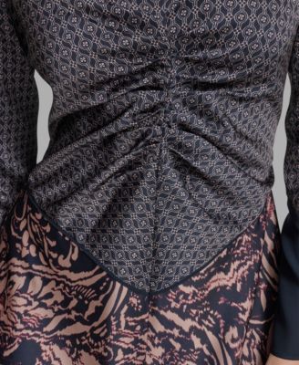 Women's Long Sleeve Mix-Print V-Neck Dress