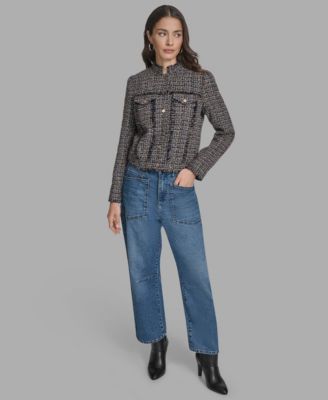 Bcbg Womens Tweed Jacket Stripe Crew Barrell Jeans In Blue