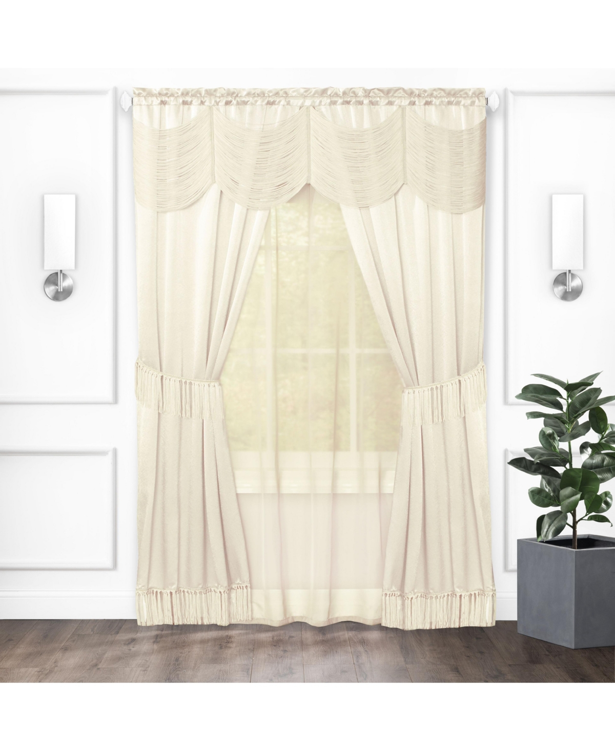 Satin Chic Complete Attached Window Curtain, Tiebacks & Valance Set - in. Long - Ivory