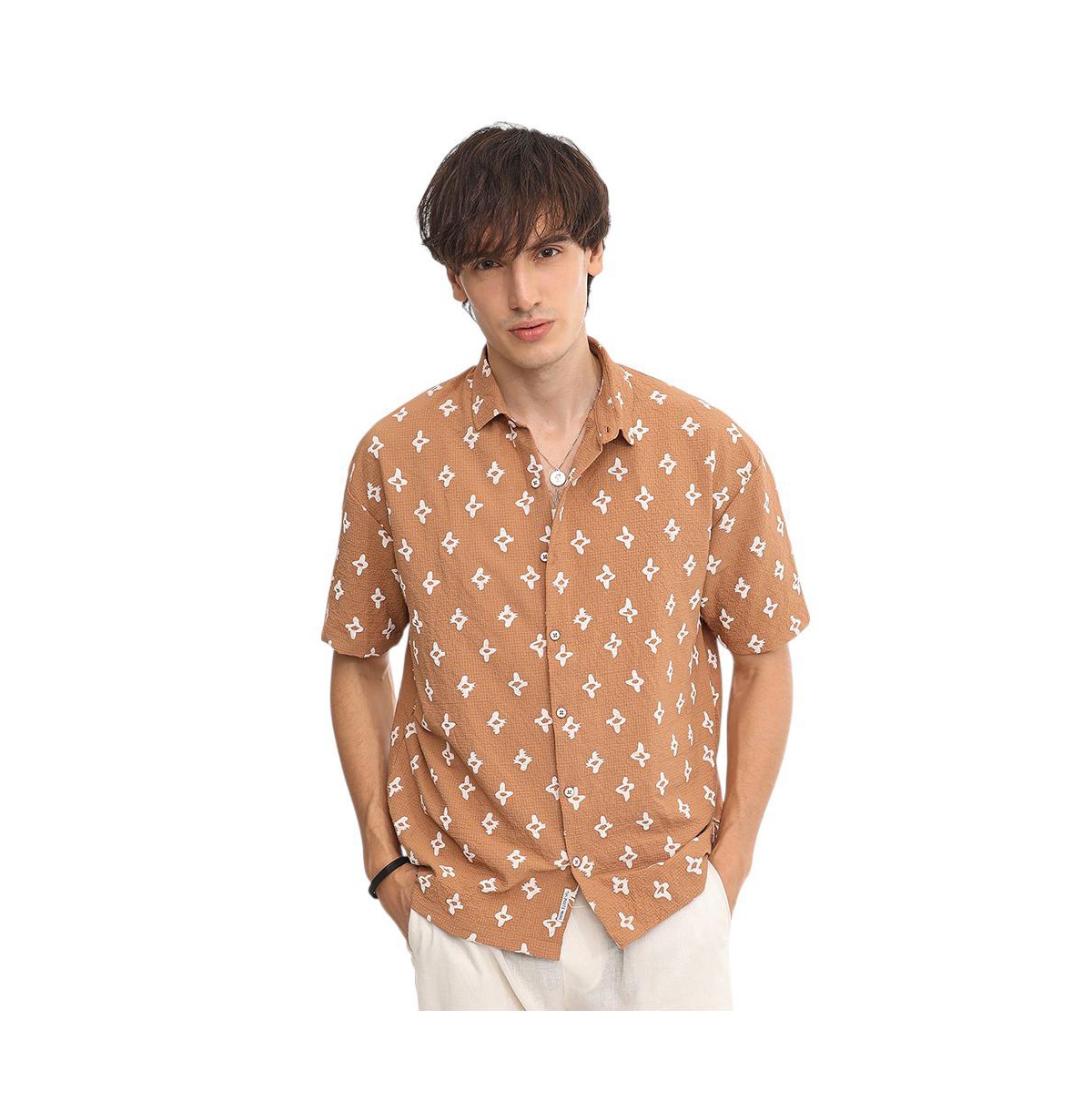 Men's Tan Brown Floral-Tactile Oversized Shirt - Brown