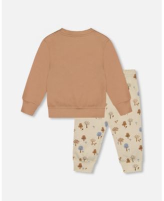 Baby Boy Cotton Pant and Top Set Beige Tree Print - Baby