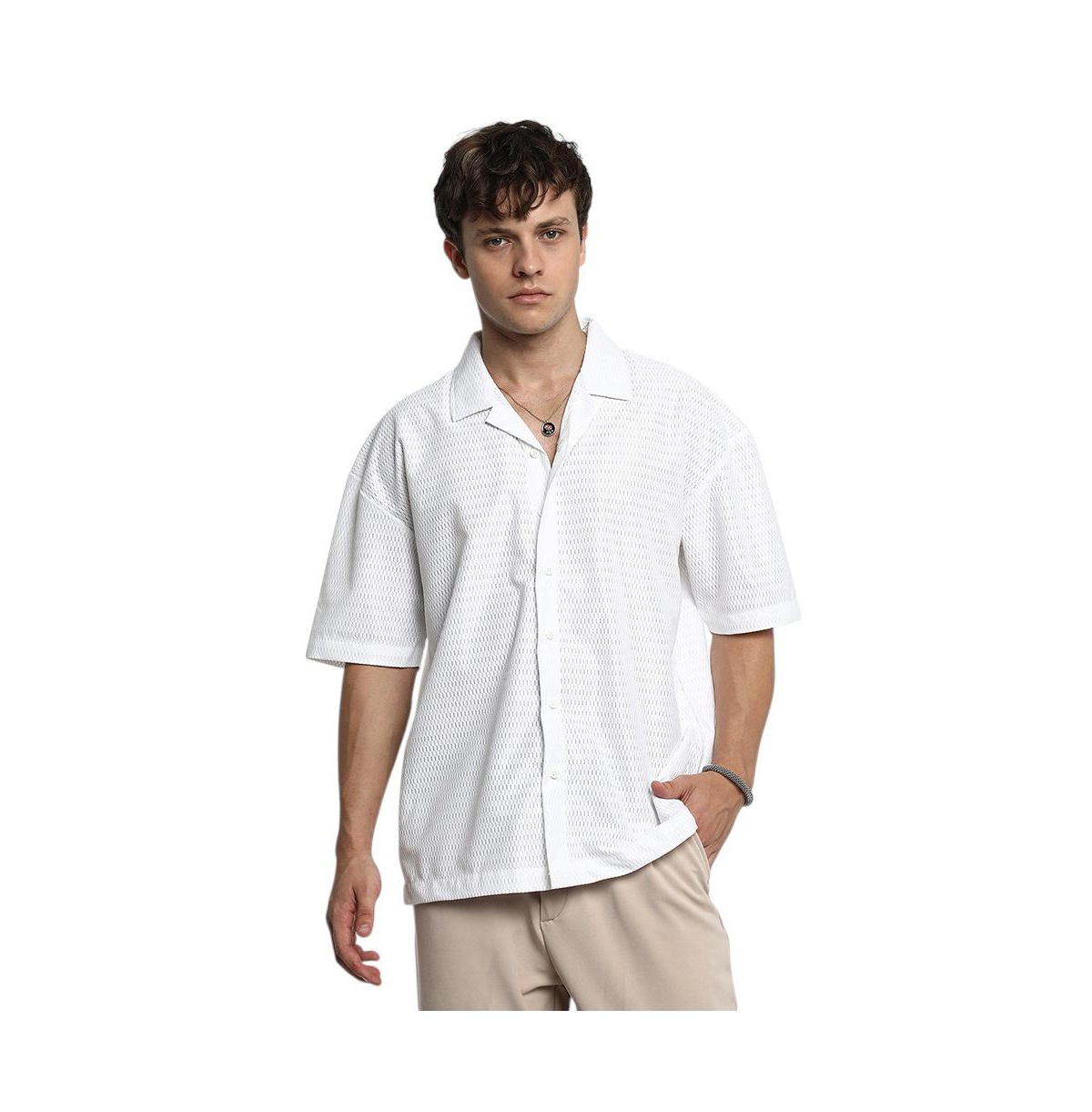 Men's Chalk White Oversized Honeycomb Shirt - White