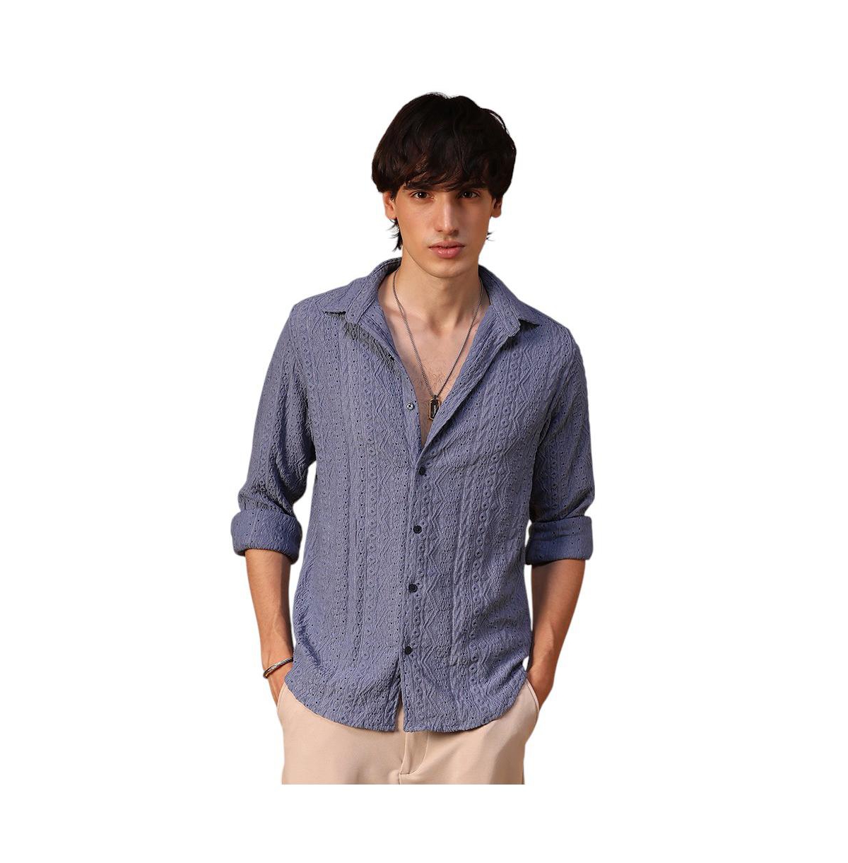 Men's Stone Blue Aztec-Textured Shirt - Blue