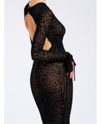 Women Waylynn Black Animal Print Burnout Velvet Detail Mesh Backless Maxi Dress