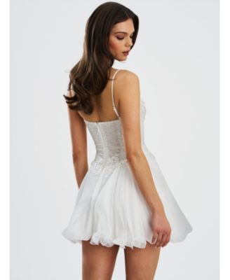 Women Fabiola Lace Trim Silver Net Top Mini Flare Chiffon Dress