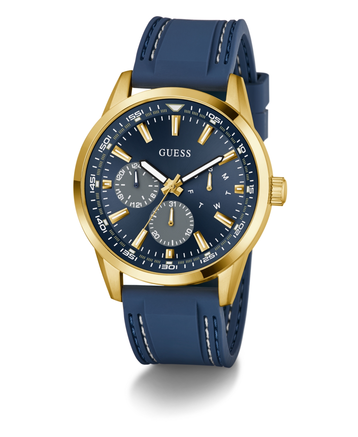 Guess Men's Blue Gold Tone Multi-function Watch, 44mm In Blue