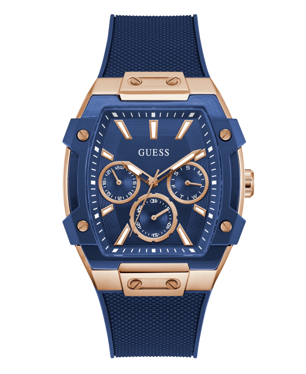 Guess Men's Blue Rose Gold Tone Multi-function Watch, 44mm