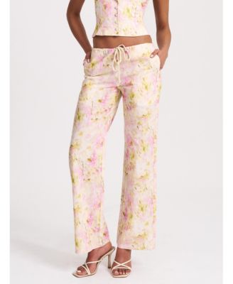 Women's Laureen Pink Floral Print Linen Straight Pants