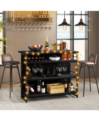 Industrial Kitchen Island Bar Table 4-Tier Storage Shelf Wine Rack Glass Holders