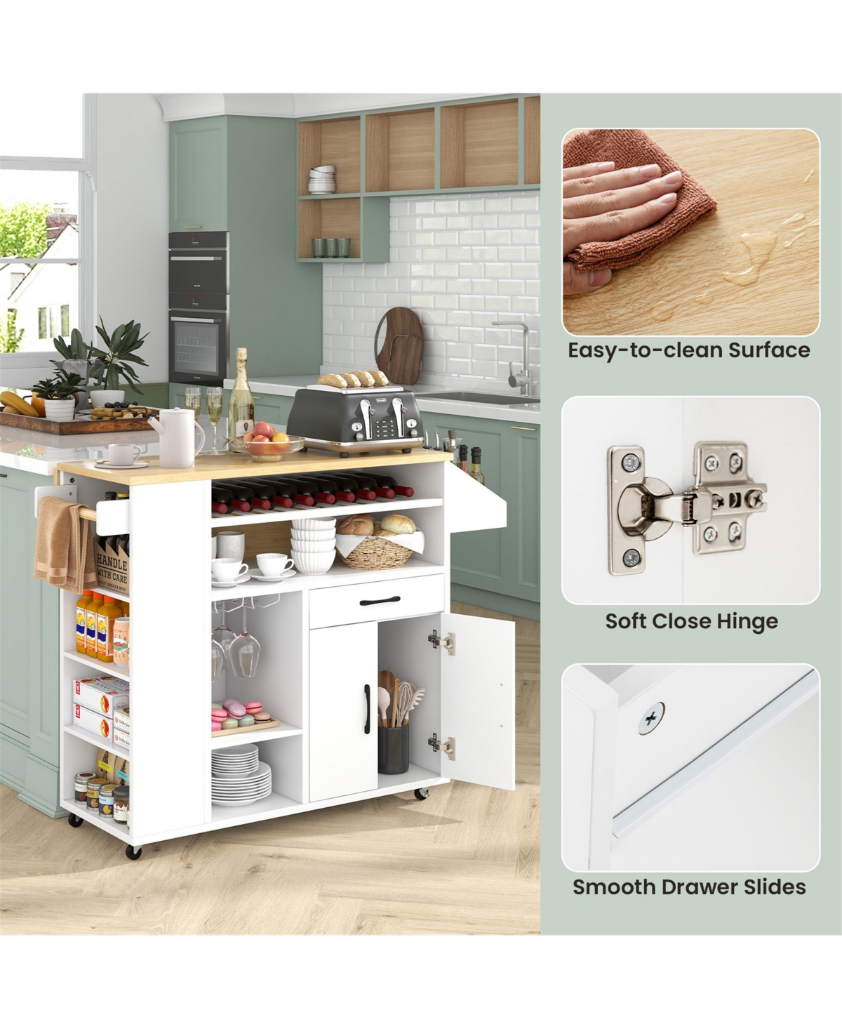 Gymax Drop-Leaf Kitchen Island Cart w/ Power Outlet Wine Rack Glass Holder Drawer