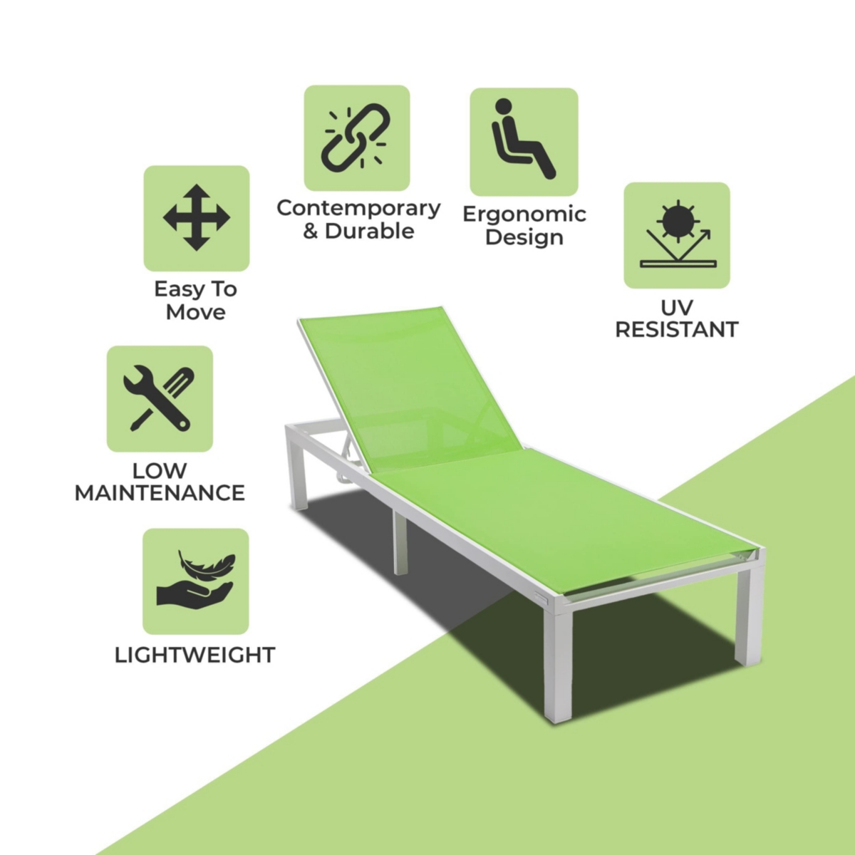 LeisureMod Marlin Patio Chaise Lounge Chair With White Aluminum Frame