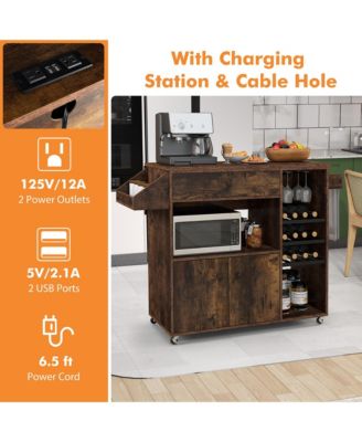 Drop-Leaf Kitchen Island Cart with Power Outlet, Microwave Shelf, Wine Rack & Drawer