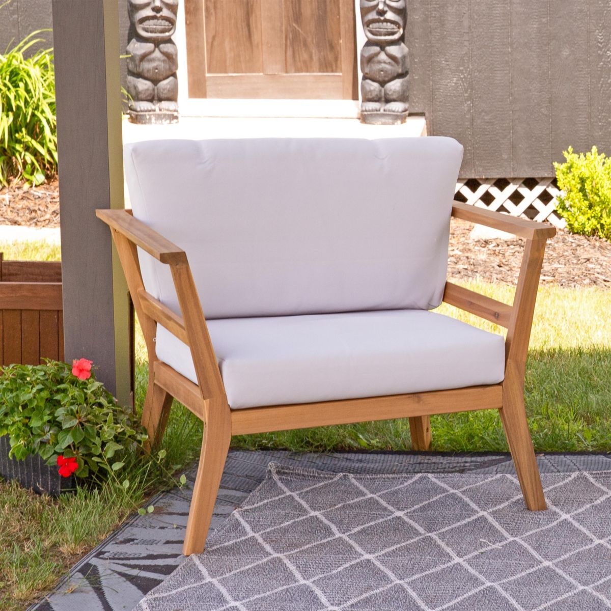 Bodie Acacia Wood Patio Armchair with Bone White Cushions