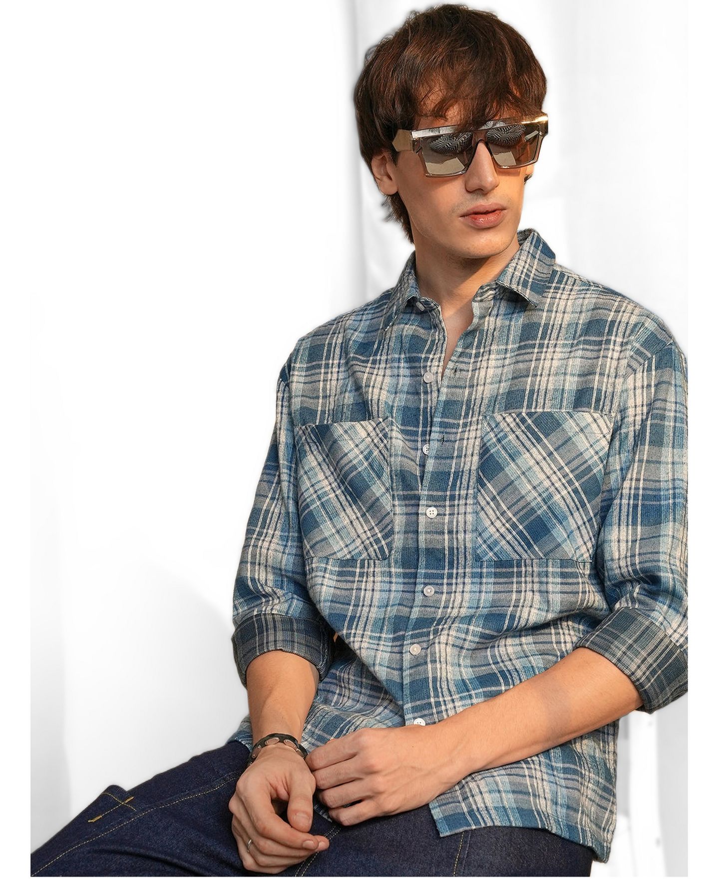 Мужская рубашка Cahoot Campus Sutra Steel Blue Tartan Plaid, цвет: Синий — фото 1