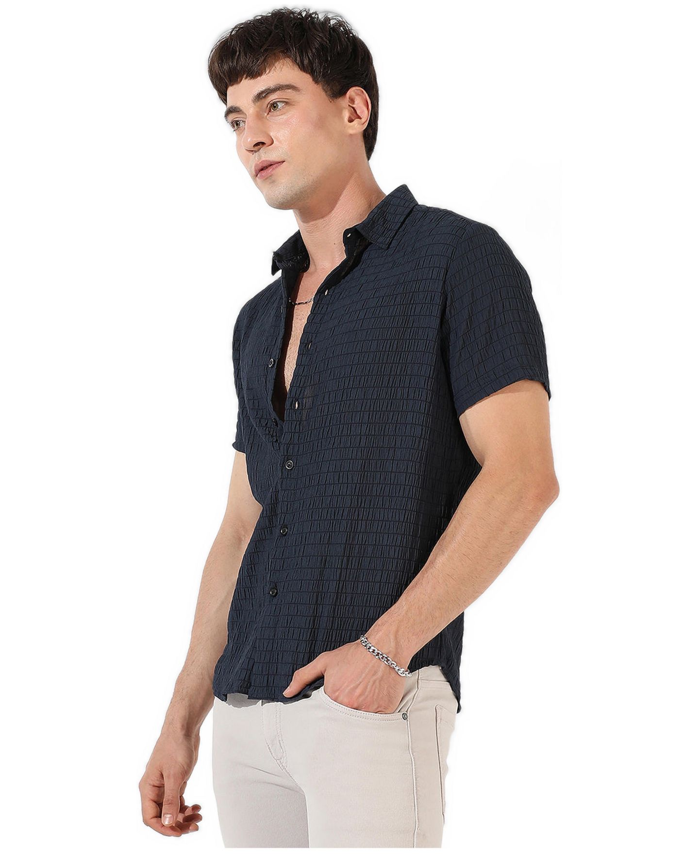 Мужская рубашка Cahoot Campus Sutra Black Textured Regular Fit Casual, цвет: Синий — фото 5