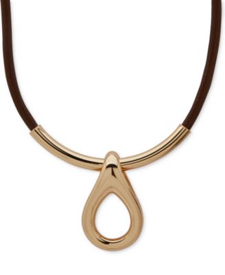 Anne Klein - Gold-Tone Rounded Teardrop Leather Pendant Necklace, 16" + 3" extender