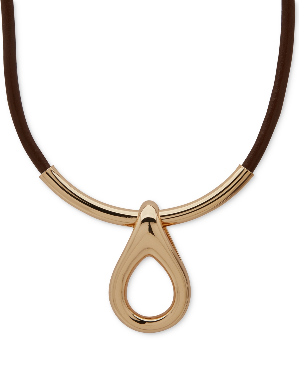 Anne Klein Gold-tone Rounded Teardrop Leather Pendant Necklace, 16" + 3" Extender In Brown
