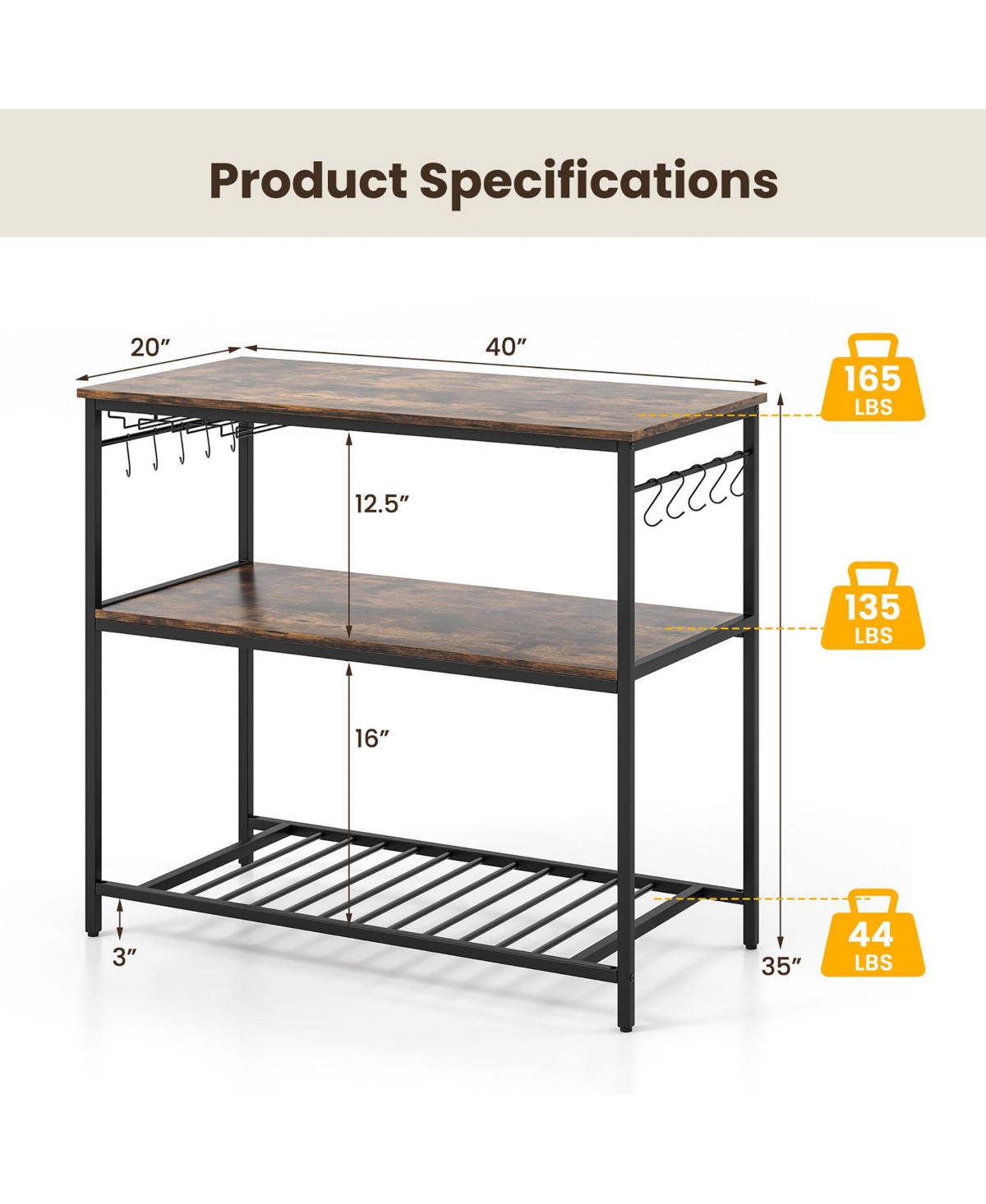 Gymax Kitchen Island 3-Tier Prep Table with Wine Glass Holders Large Worktop