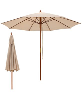 9.5 FT Rope Pulley Wooden Umbrella Market w/ Fiberglass Ribs Patio