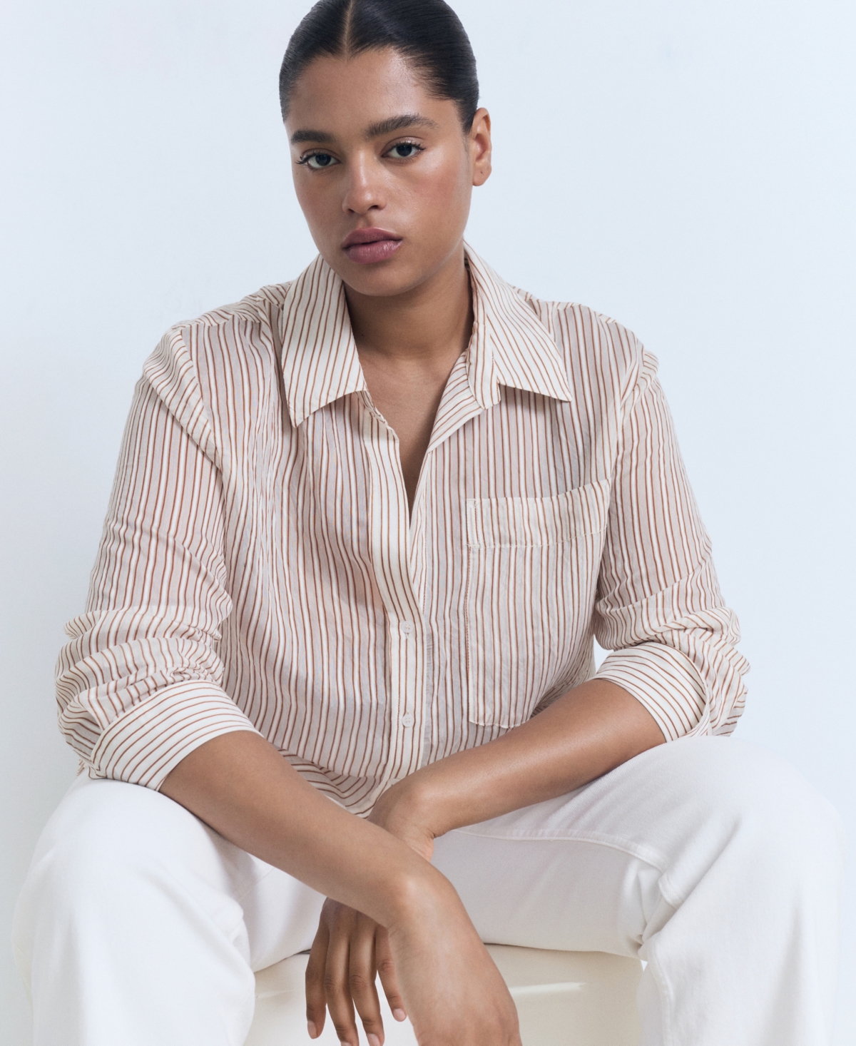 Mango Stripe Sheer Long-sleeve Button-up Shirt In Neutral