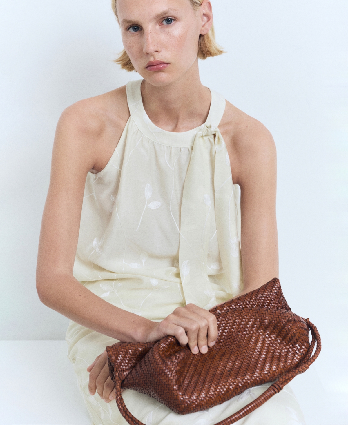 Mango Knot Detail Floral Halter Top In Sand