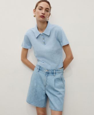 MANGO - Women's Mid-Rise Denim Pleated Bermuda Shorts