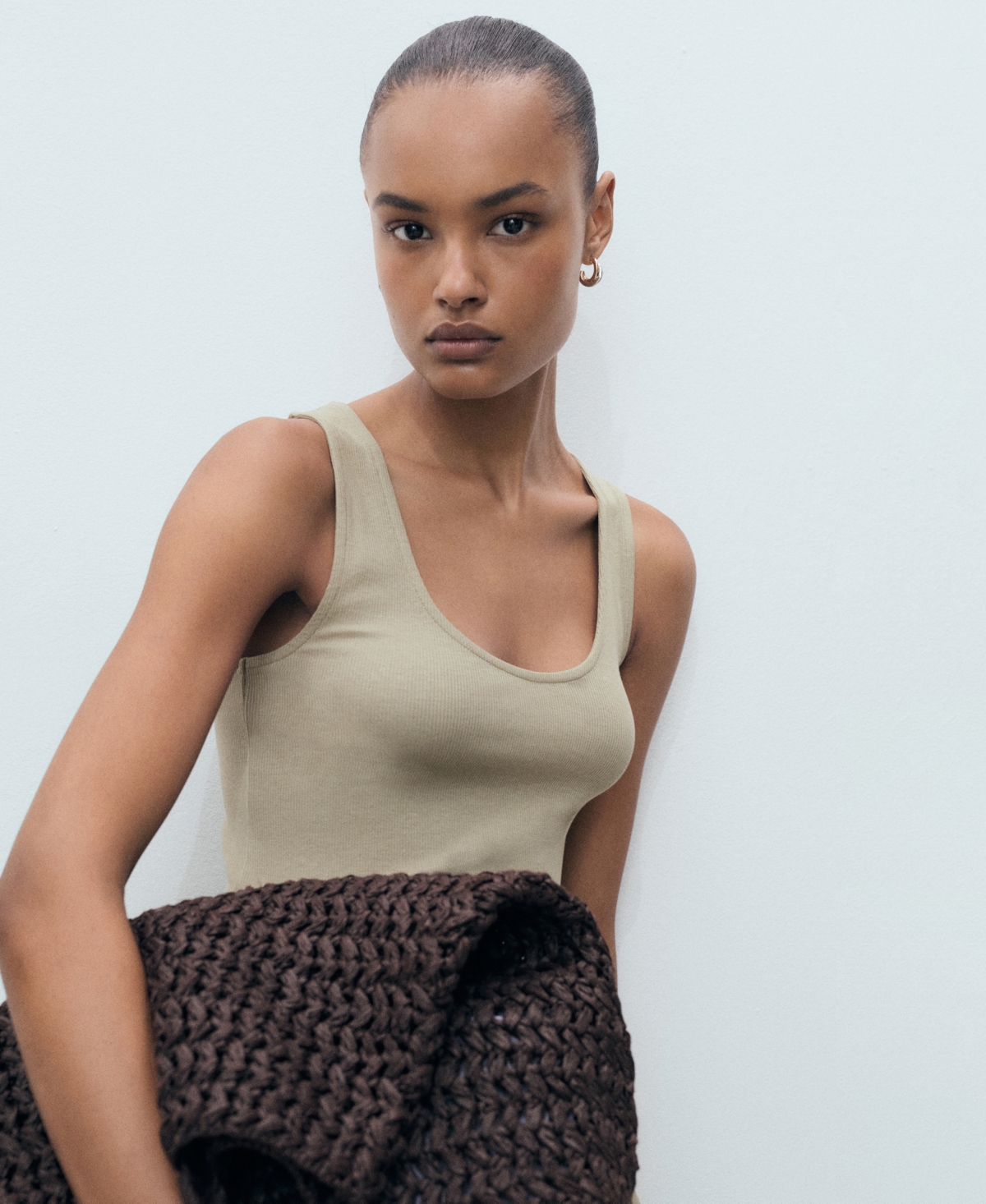 Mango Flared Dress In Combined Fabric Khaki In Brown