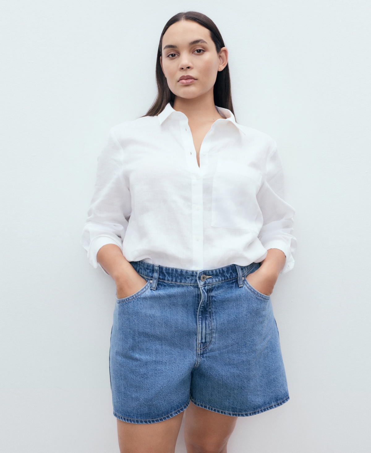 Women's High-Waisted Straight-Fit Denim Shorts - Medium Blue
