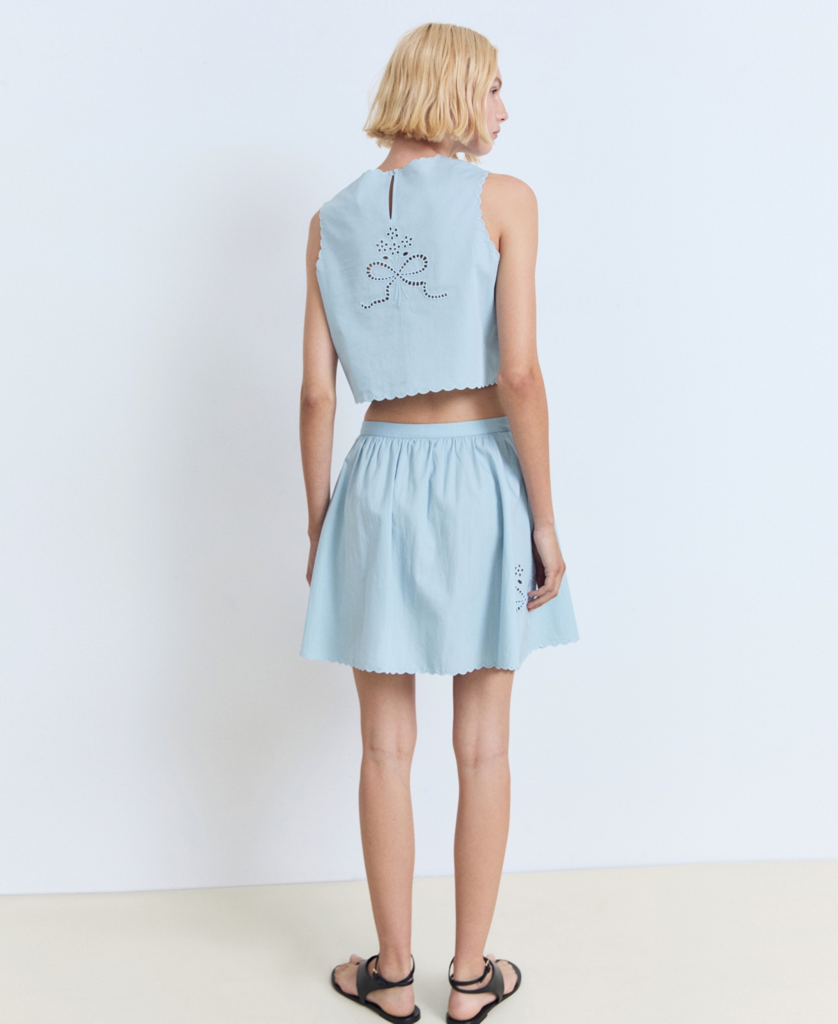 Mango Eyelet Embroidered Cotton Crop Top In Blue