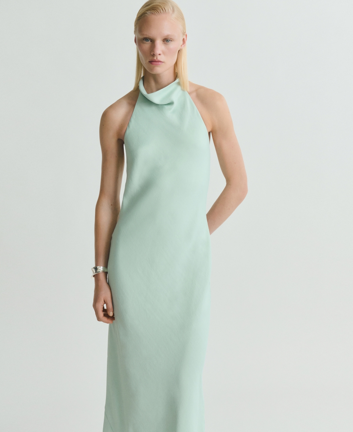 Mango Satin Halter Neck Dress Aqua Green In Green