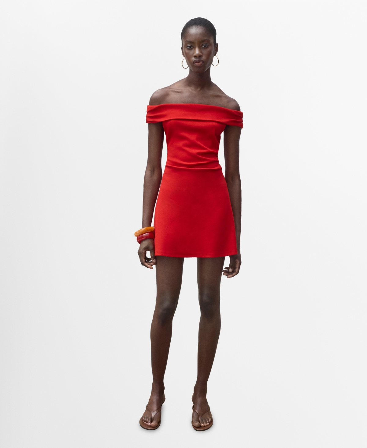 Mango Cotton Off The Shoulder Ruched Side Mini Dress In Red