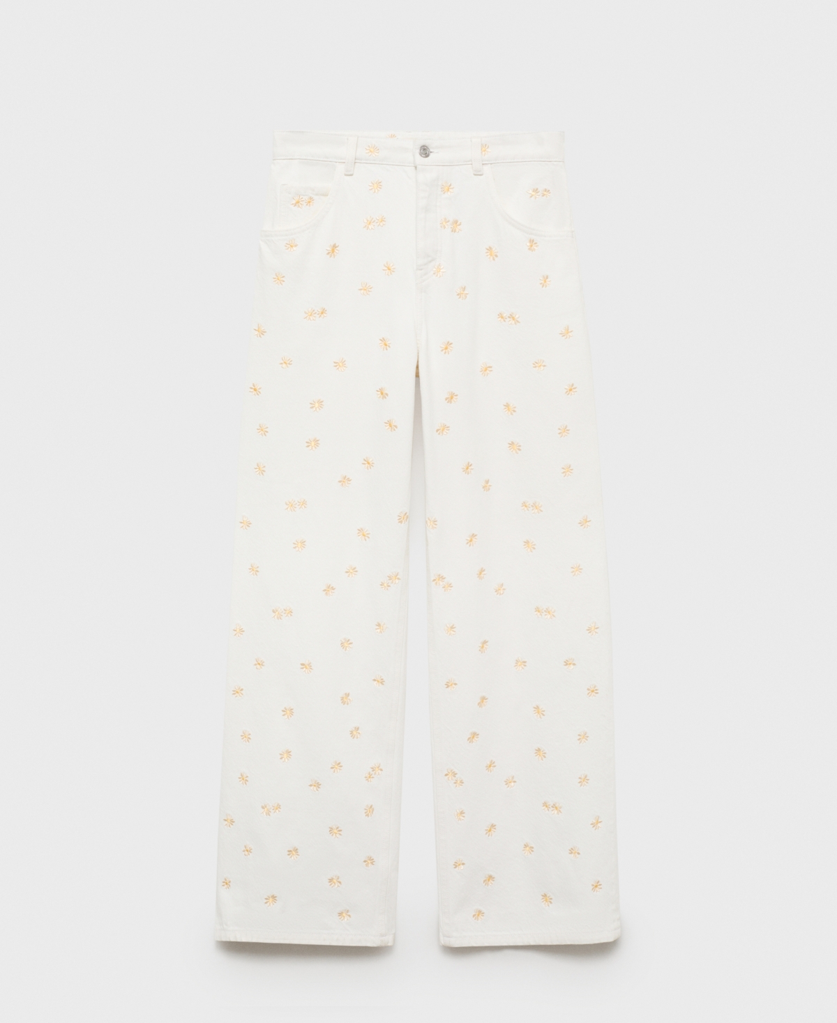 Mango Flower Embroidered Wide Leg Jeans In White