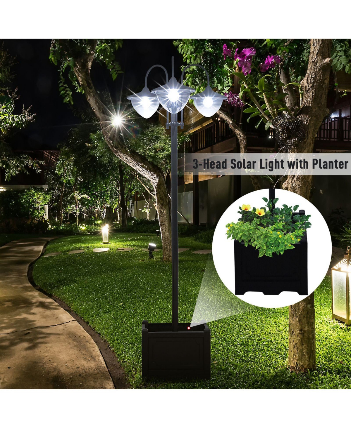 Outsunny 3-head Solar Lamp Post with Planter, Outdoor Led Lighting,