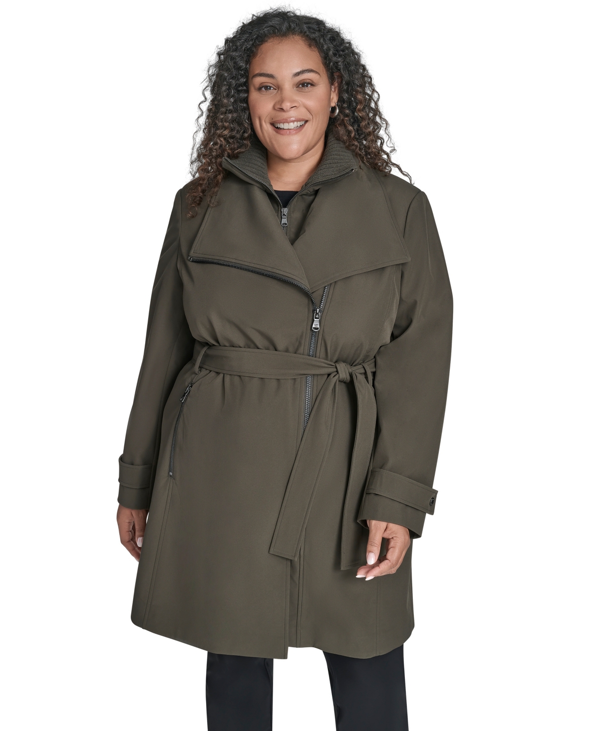Calvin Klein Plus Size Belted Long-sleeve Wrap Coat, Created For Macy's In Brown