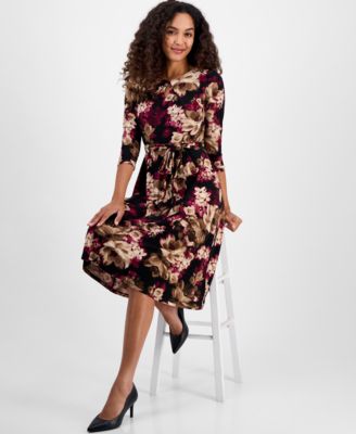 Floral-Print Keyhole Fit & Flare Dress, Regular & Petites