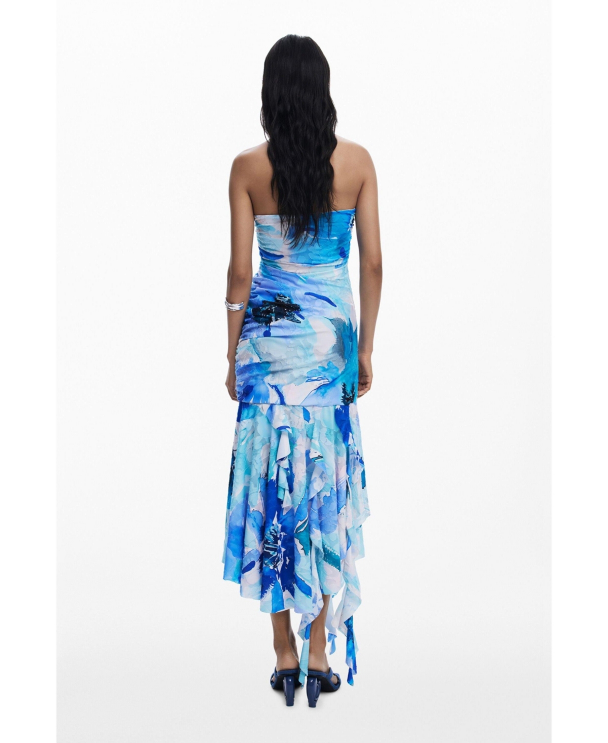 Desigual Ruffle Shirred Dress In Blue