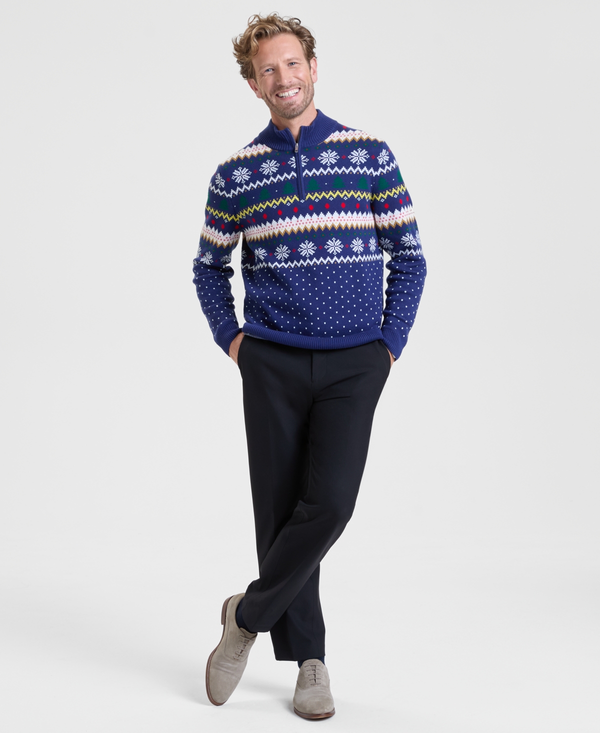 Holiday Lane Men's Fair Isle Zip-neck Sweater, Macy's Exclusive In Blue