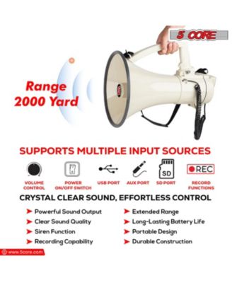 5Core Megaphone Bullhorn Speaker 100W Bull Horn Cheer Megafono 2000 Yards Range Loudspeaker W Siren - 3501 USB