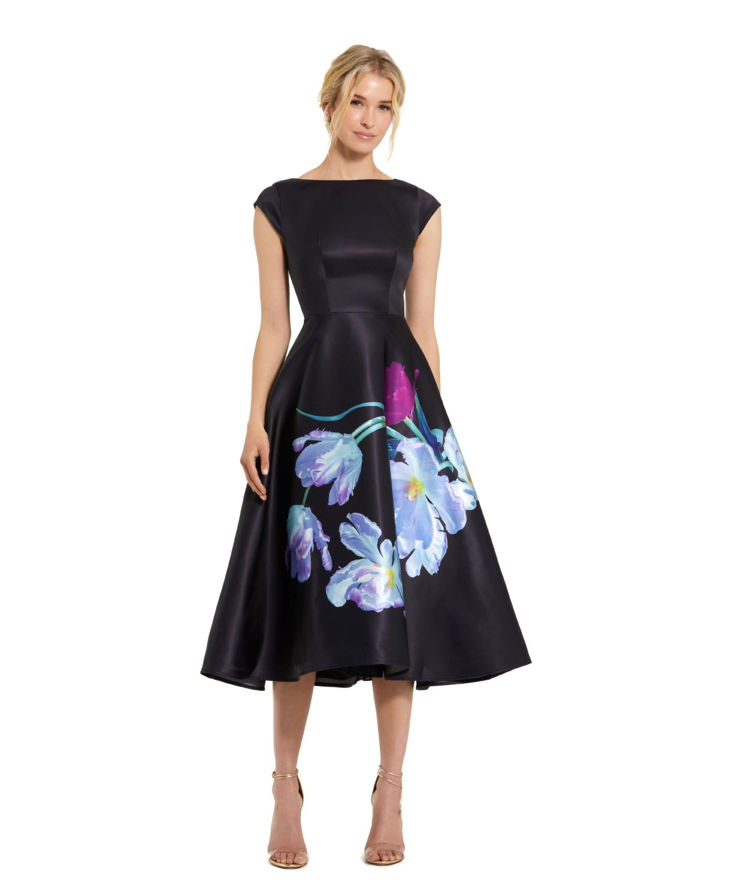 Женское платье Mac Duggal Floral Print Cap Sleeve Satin Midi, цвет: Чёрный разноцветный — фото 1