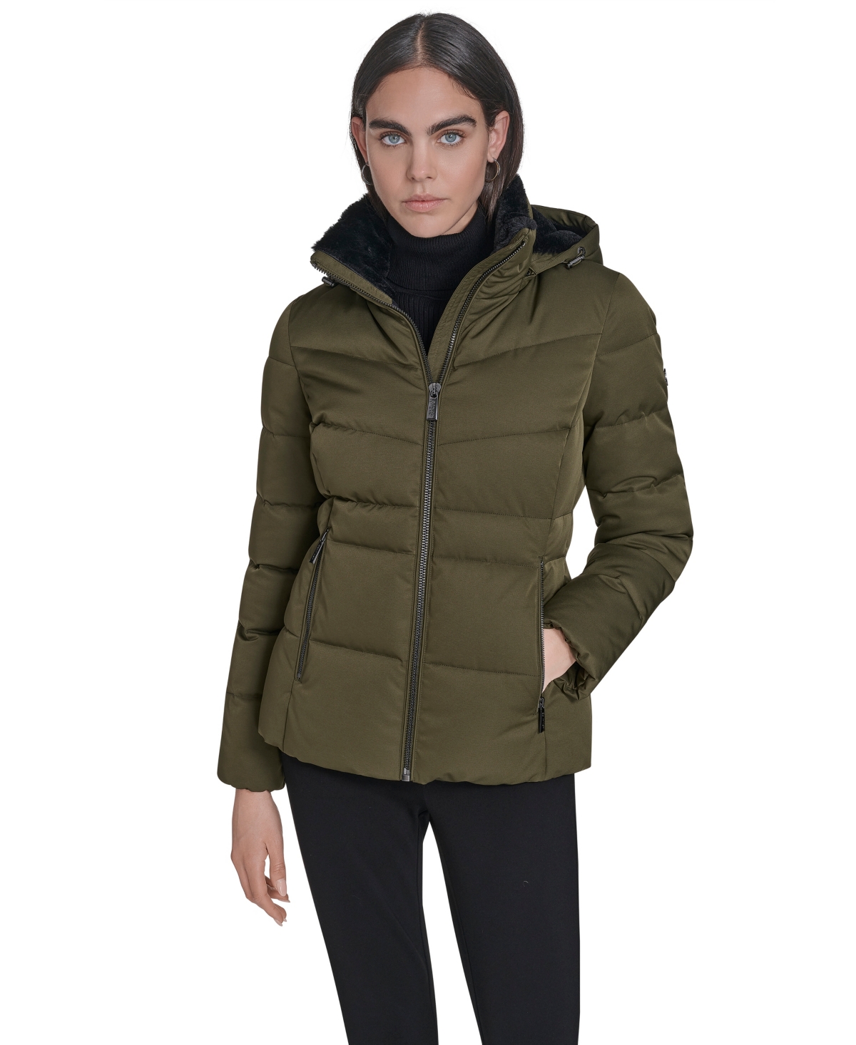 Calvin Klein Women's Faux-fur-lined Hooded Puffer Coat In Brown