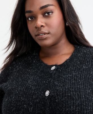 Trendy Plus Size Metallic Knit Jewel-Button Cardigan