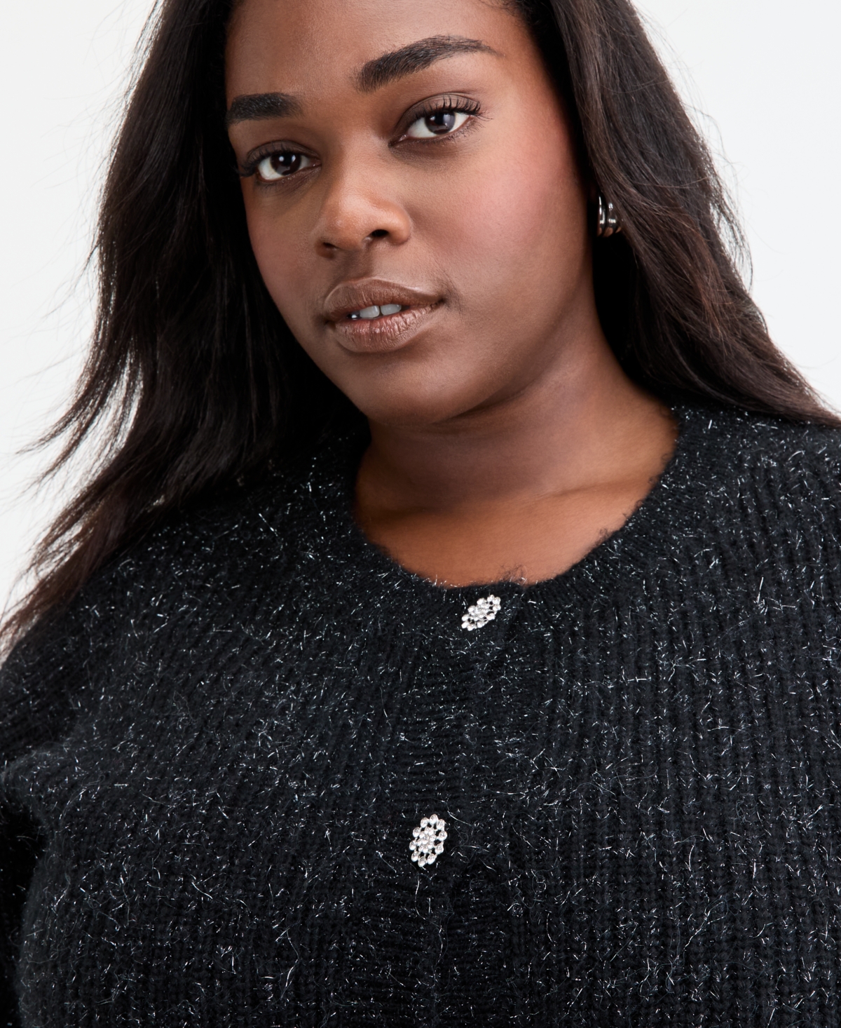 On 34th Trendy Plus Size Metallic Knit Jewel-button Cardigan, Macy's Exclusive In Black