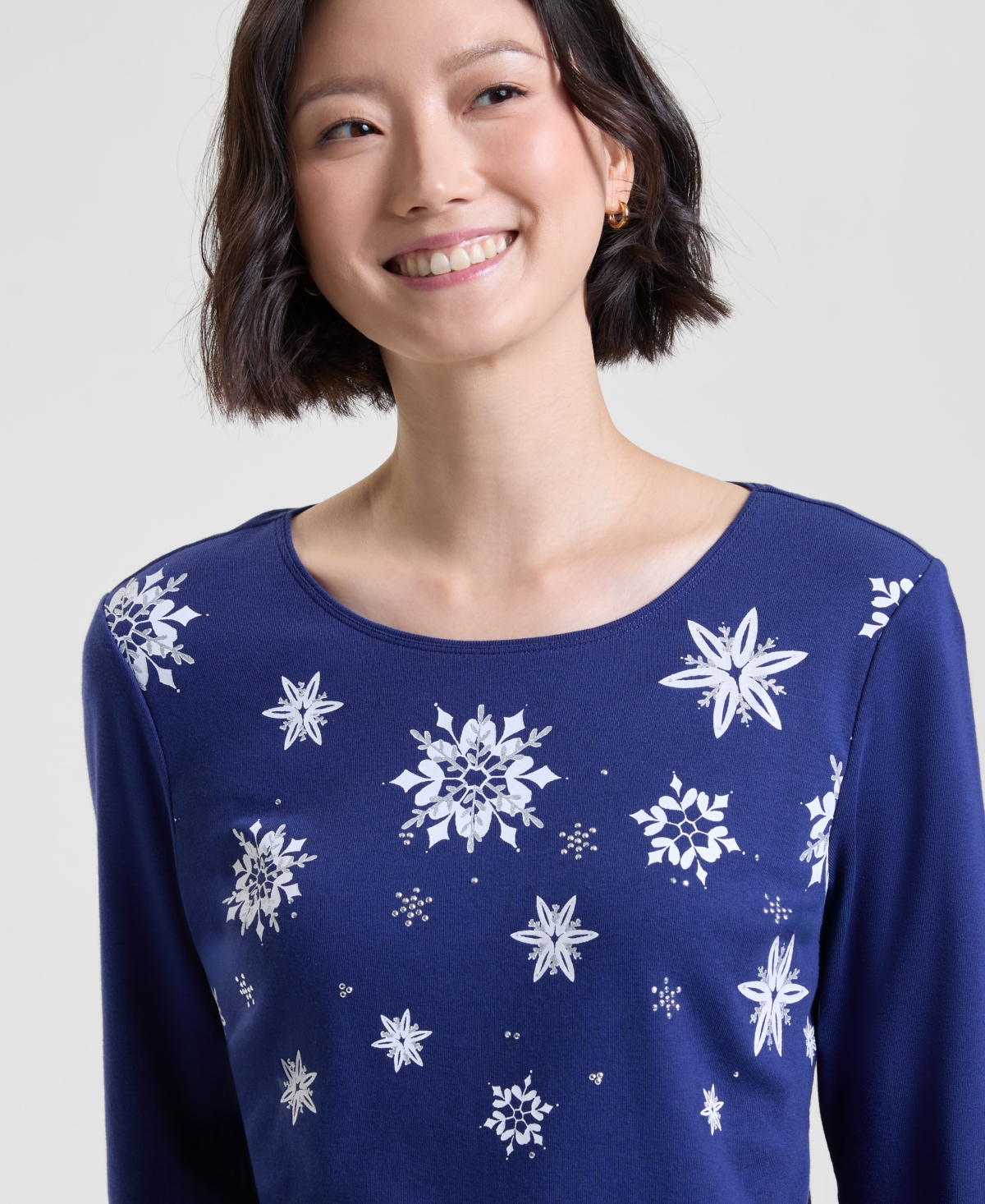 Holiday Lane Petite Falling Snowflake Long-Sleeve Tee, Macy's Exclusive