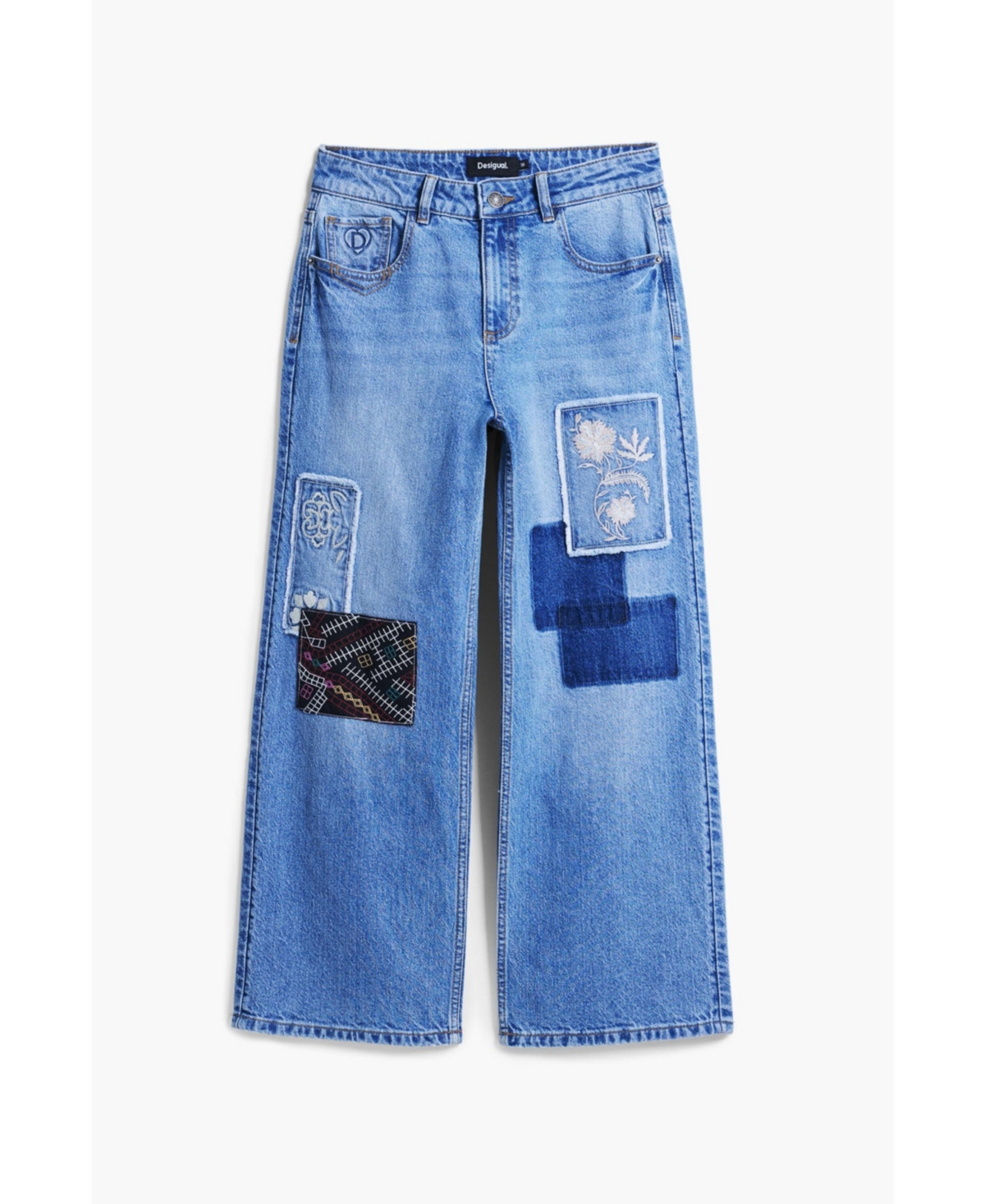 Desigual Patched Mid Rise Crop Wide Leg Jeans In Blue