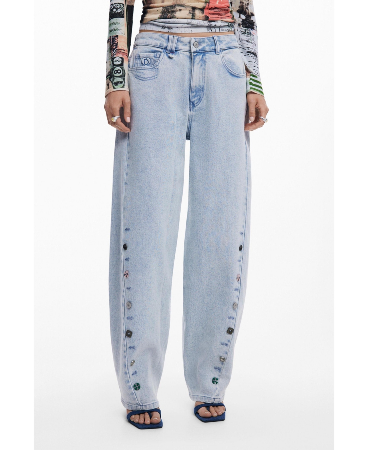Desigual Barrel Leg Jeans In Blue