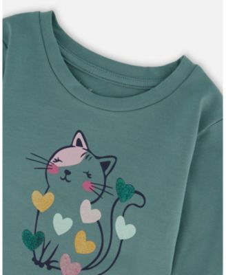 Girl Cotton T-Shirt Sage with Cat - Child