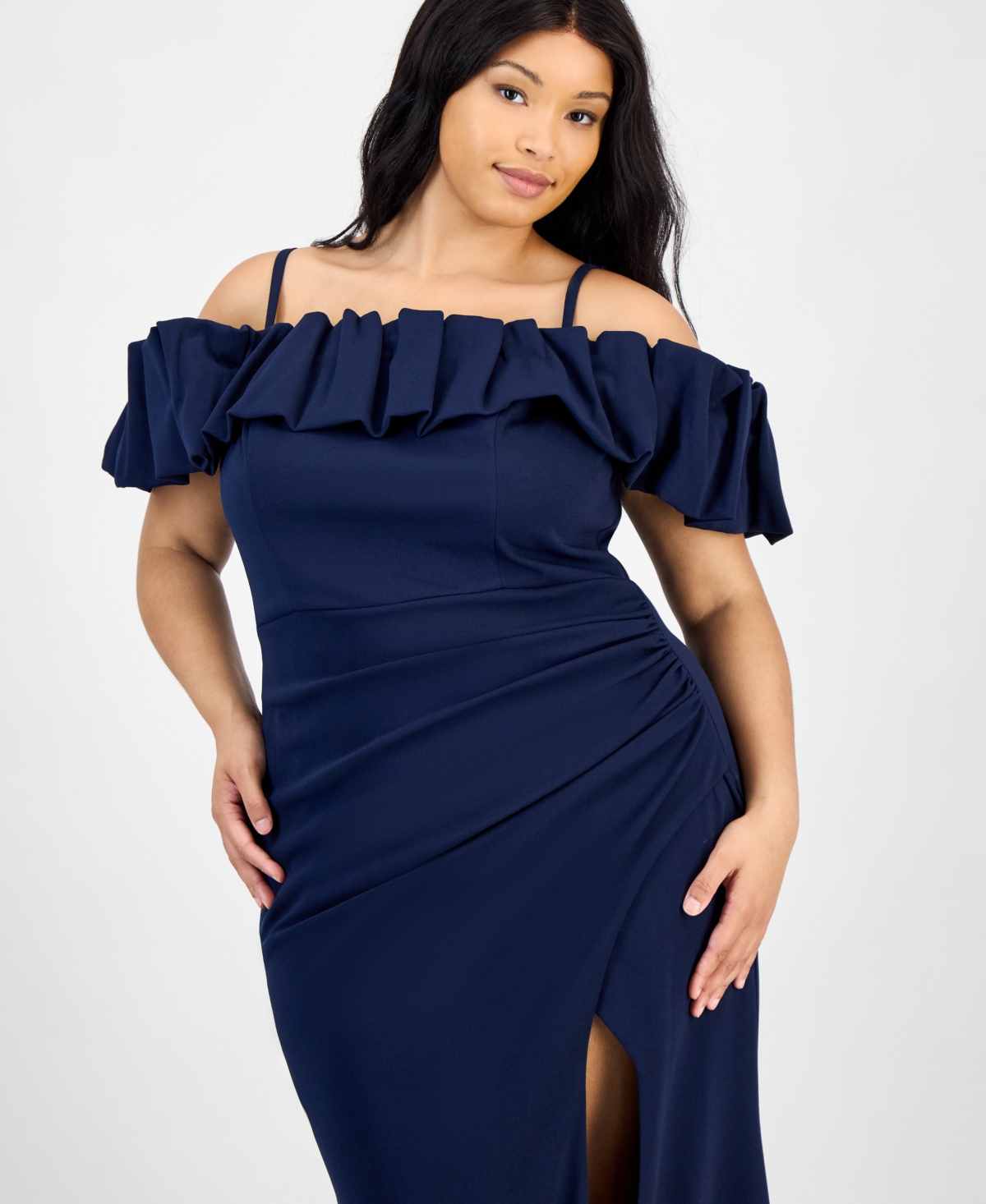 City Studios Trendy Plus Size Bubble-trim Cold-shoulder Scuba Gown In Blue